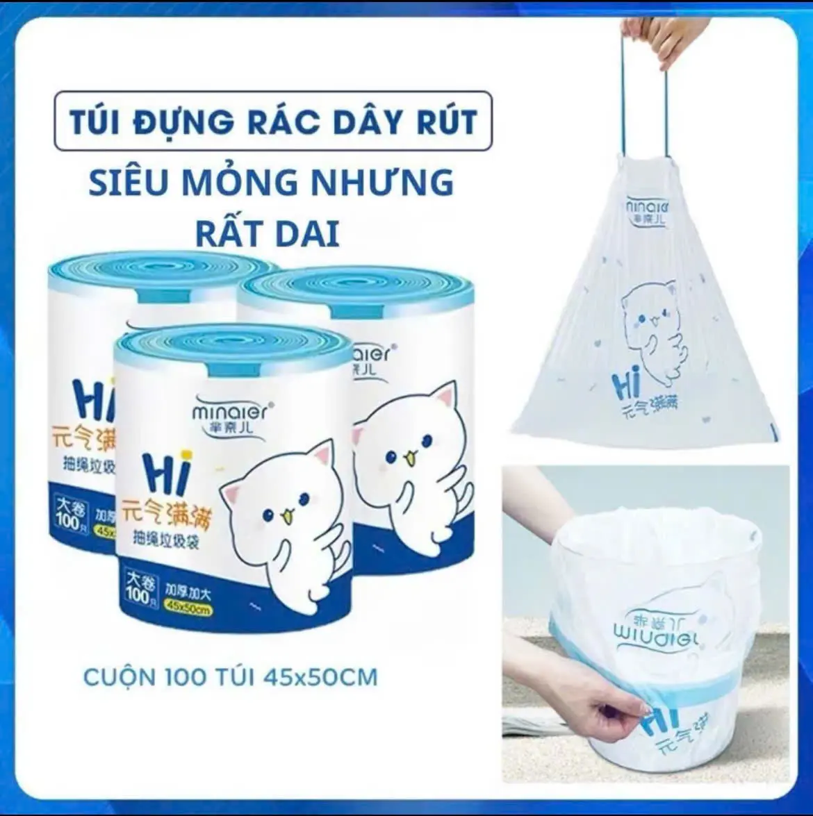 [Mỏng Mà Dai] SET 5 Cuộn (500 túi) Túi Đựng Rác Tự Phân Hủy, Túi Đựng Rác Có Dây Kéo Loại Dai Chắc Chắn Kích Thước 40*50cm