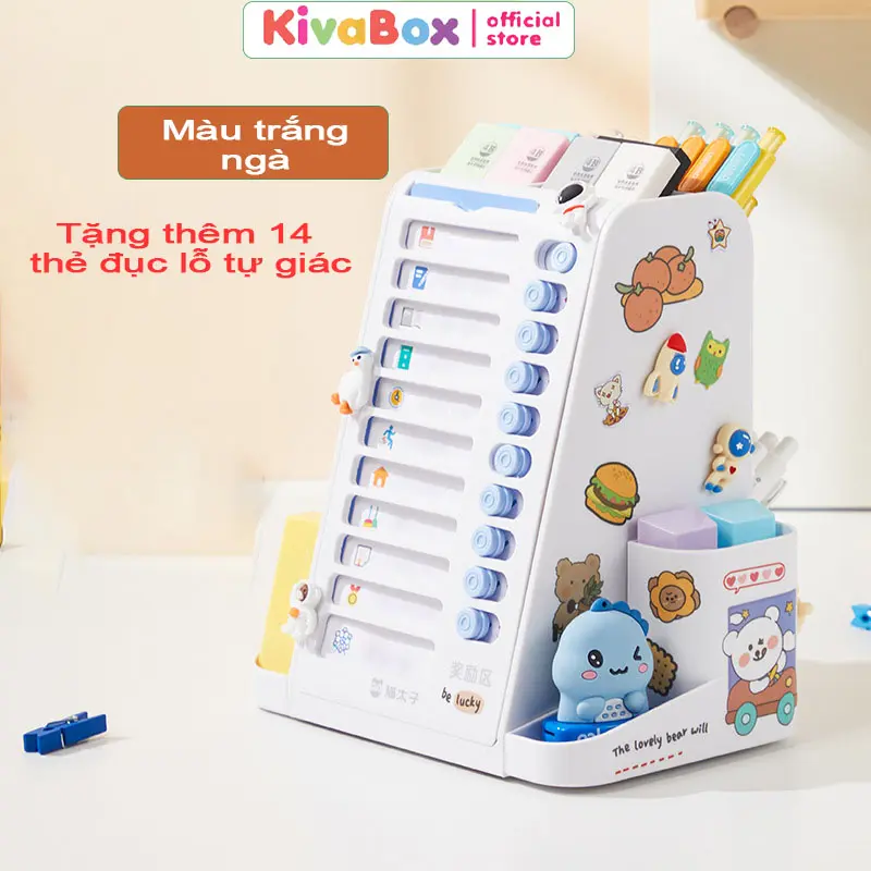Kivabox Đồ dùng văn phòng phẩm hộp đựng bút để bàn nhiều ngăn màu sắc đa dạng 2 trong 1 gồm bảng tự kỉ luật, lên danh sách công việc cần làm dành cho các bạn học sinh Nhựa 2