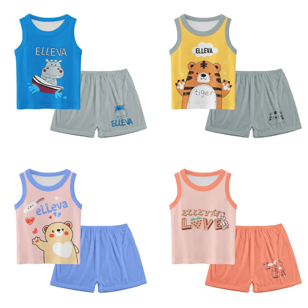 AKS Setelan Singlet Anak Laki laki dan Perempuan Set Tanpa Lengan Bayi Cewek dan Cowok Unisex Import usia 0 4 tahun Kualitas Premium Motif Karakter Lucu Baju Harian Kutung Lekbong 7057 Blue Katun