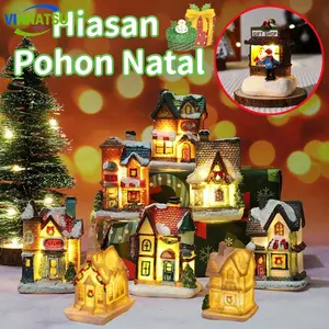 Vinnatsu Dekorasi Natal Hiasan Pohon Natal LED Resin House Christmas Xmas Resin House Ornamen Dekorasi Natal Natal Pajangan Aesthetic Christmas