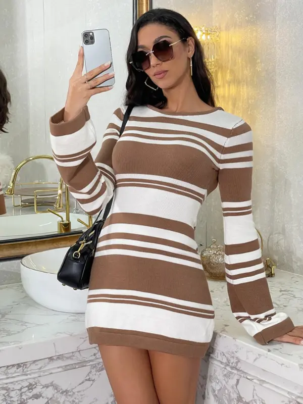Women's Striped Print Backless Tie Back Sweater Frenchy Style Knitted Dress, Long Sleeve Crew Neck Dress for Spring & Fall, Holiday Dress 2024, Fashion Casual Dresses for Women Daily Wear, Holiday Summer Clothes, Dresses for Women 6