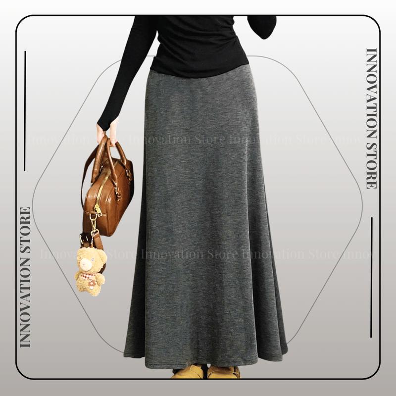 Chân Váy Dài Đuôi Cá Chất Len Dệt Kim Màu Trơn Đen Trắng Xám BIGSIZE Bassic Mặc Thu Đông TA-523 Nữ Women Cạp Chun