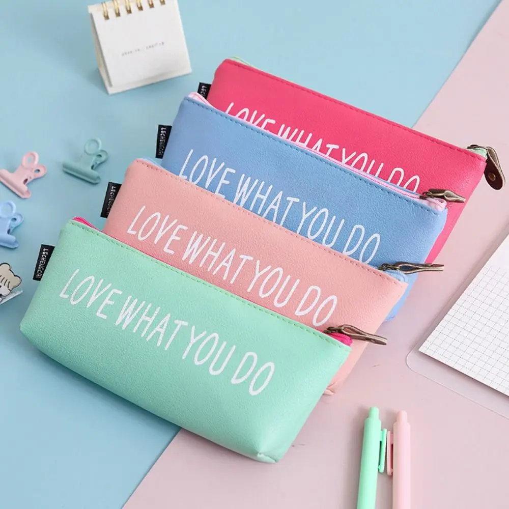 New Solid Color Pen Bag Large Capacity Multifunctional Pen Storage Bag PU Pencil Case Gift