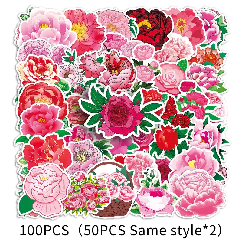 Peony Flower Pattern Sticker, 100pcs/set Colorful Floral Decals, DIY Decorative Sticker for Scrapbooking & Journal Making 8