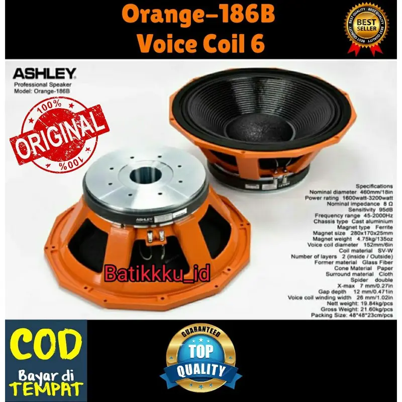 [ORIGINAL COD] SPEAKER KOMPONEN ASHLEY ORANGE 186B ORIGINAL 18 INCH OREN ORANGE186B ORANGE 186 B VOICE COIL 6 SUBWOOFER 0