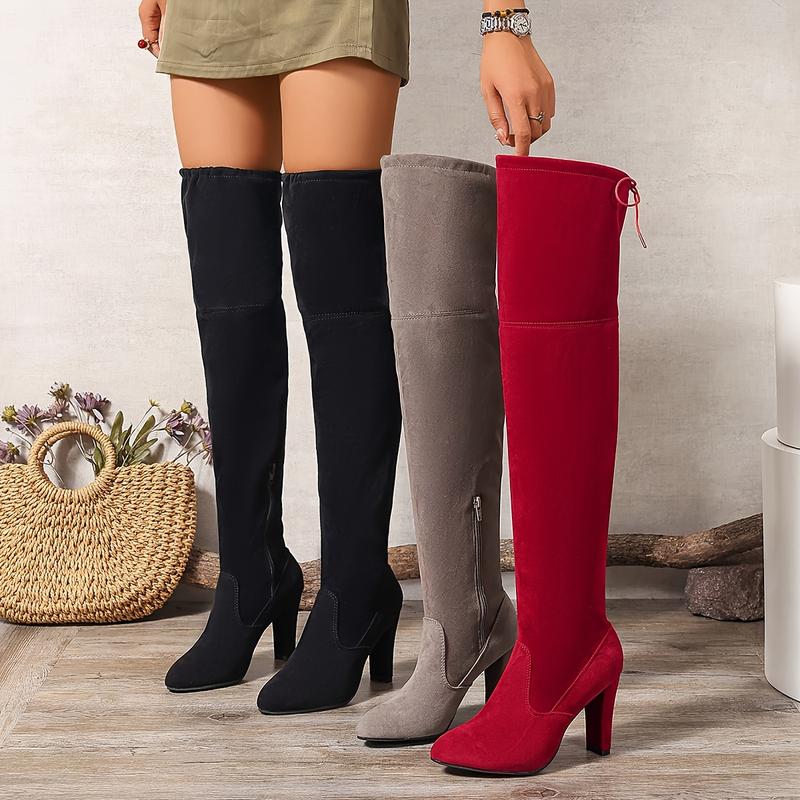 TikTok Shop Women s Solid Color Block Heel Boots Fashion Side Skirt with Zipper Shoes Fashion over the Knee Boots