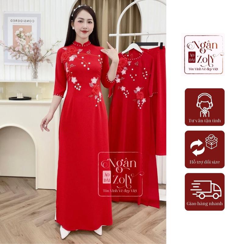D7 Áo dài đỏ Lụa Mỹ đính kết hoa thủ công - Áo dài Nữ 3