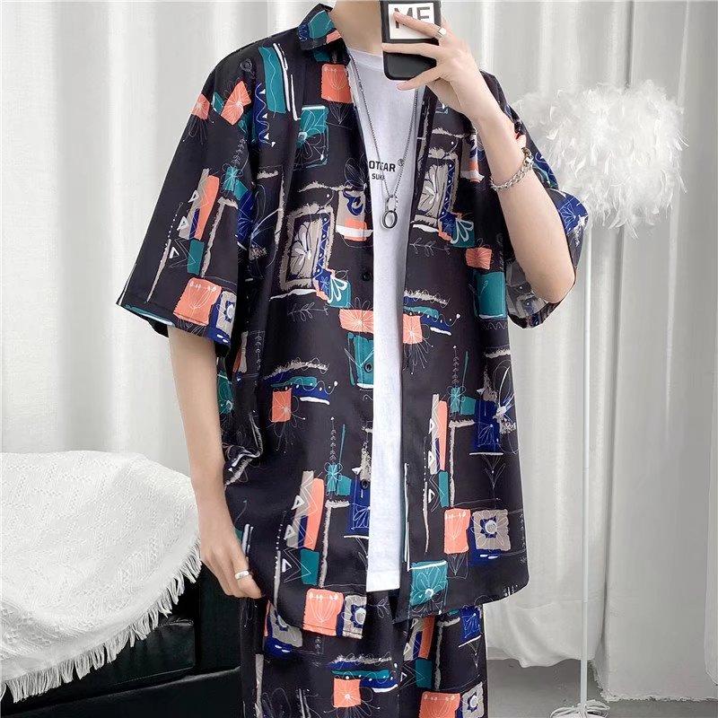 Short-sleepted men's fashion summer ice silk Free Shipping Hong kong-style Ruan Home wear half-pajama shirt loose floral shirt coat suit 1