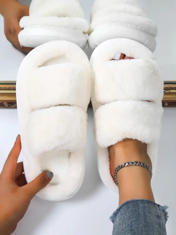 Women's Simple Plain Color Plush Slippers for Women, 1 Pair Casual Comfortable Home Slippers for Fall & Winter, Fluffy Winter House Shoes for Indoor and Outdoor 0