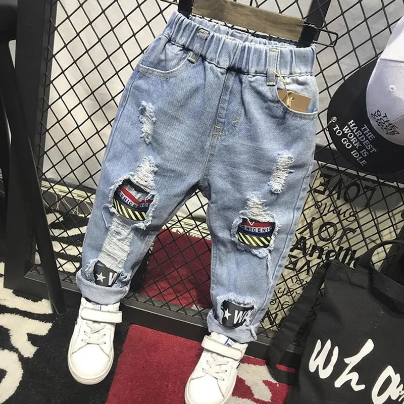 Boys Ripped Jeans Korean Children'S Clothing Autumn New Fashion Ripped Feet Pants Long Pants 1-8 Years Old