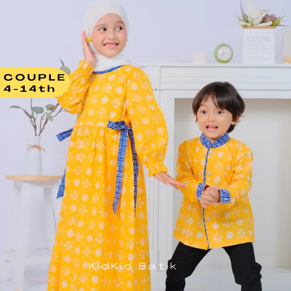 Kemeja Hem Dress Baju Batik Anak Couple Kakak Adik Cowok Cewek Laki Perempuan Baju Muslim Gamis Anak Koko Lengan Panjang Sarimbit Kuning Kombinasi Kekinian Katun Bagus Premium 4-13 tahun