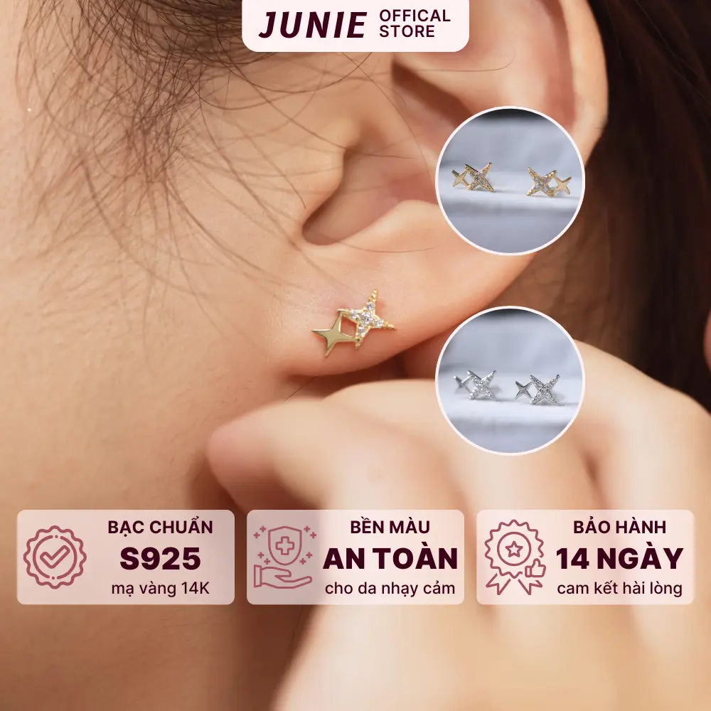 Bông Tai Bạc Mạ Vàng JUNIE, Bông Tai Tạo Hình Ngôi Sao Kép E-SPARKLE