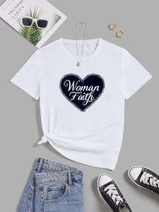 ImprinTee Women's Letter & Heart Print Round Neck Graphic Tee, Vintage Trendy Casual Short Sleeve T-shirt For Daily Wear, Ladies Summer Outfit