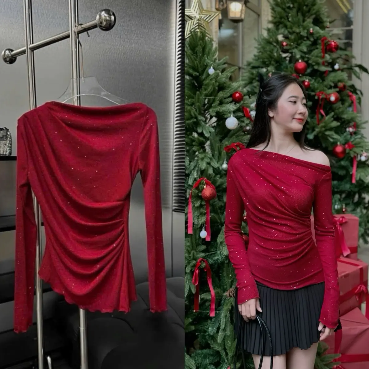 ÁO THUN LỆCH VAI NHŨ NHÚN SƯỜN BLINK BLINK 5 màu Nữ Top Women Cổ Tròn Sơ Mi