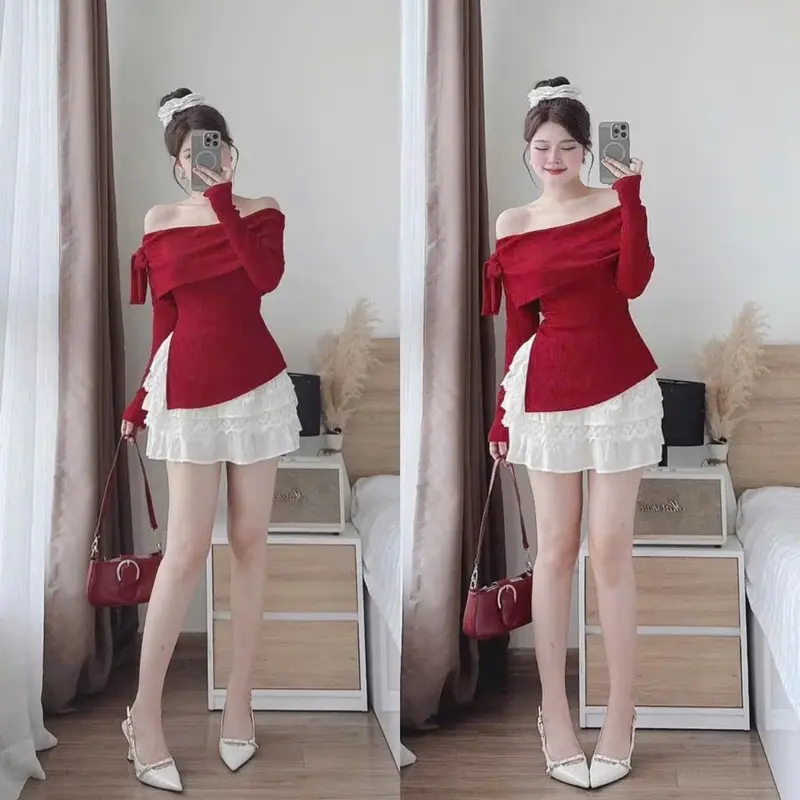 ￼ÁO KIỂU BẸT VAI ĐỎ TẾT NOEN CỘT DÂY VAI SANG TRỌNG BOONG STORE TO777 0