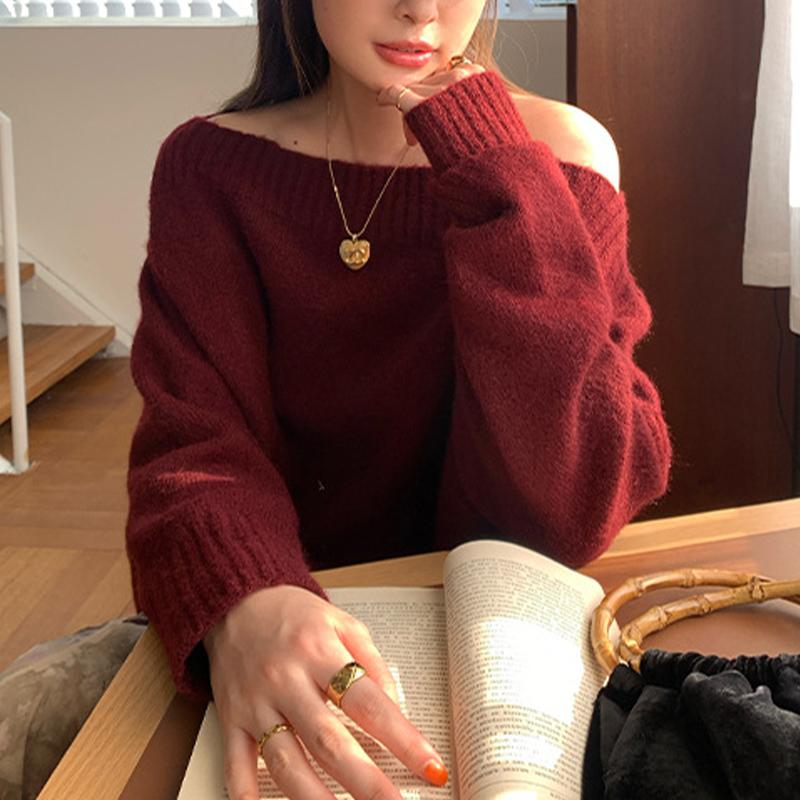 Pakaian Rajut Wanita Lembut dengan Lengan Lentera dan Bahu Terbuka, Sweater dengan Potongan Pinggang yang Rapi