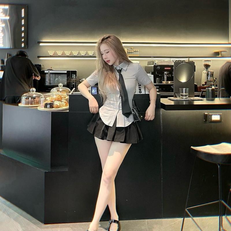 [ Có Bigsize ] Set áo sơ mi cúc umi thắt dây cà vạt phối chân váy xếp ly by Tường Vy Shop