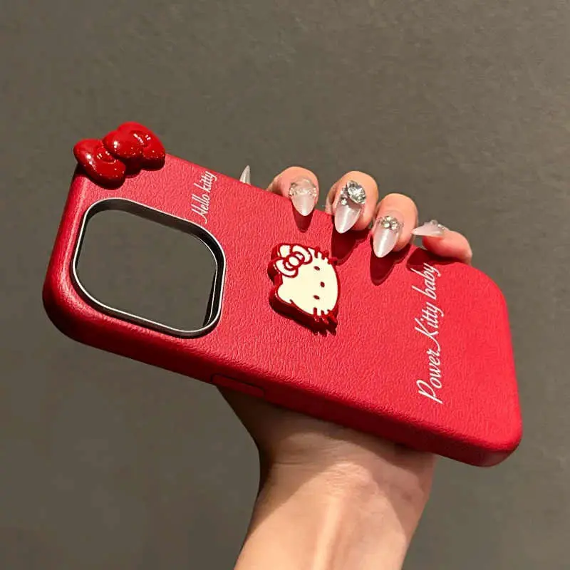 Ốp Điện Thoại HelloKitty, Da Đỏ Cổ Điển Màu Đỏ Ba Chiều, Dành Cho iPhone 16, 15, 14, 13, 12, 11, Pro Max, X, Xr, Xs Max, Chống Sốc, Ốp ốp Mềm Sáng Tạo 4