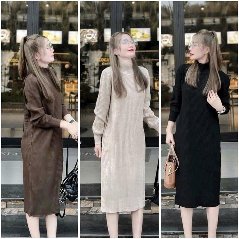 S2 HÀNG CÓ SẴN Váy Len Đũa Dáng Suông Tay Bo Bigsize Nhung Dress Nữ Women Sen Sò Kho Sỉ Bảo Ngọc Đen