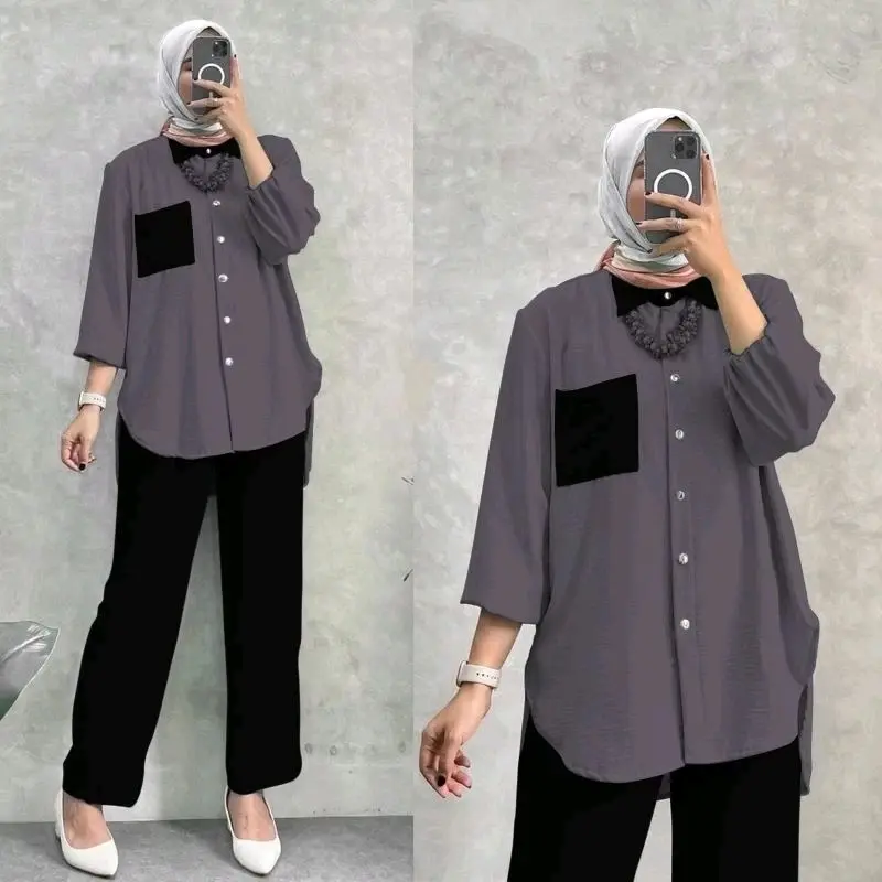 Alllena One Set Kringkel Airflow Premium Terbaru | Setelan Cringkel Airflow Premium Busui - Atasan Celana Kombinasi Crinkle Kancing Muslim Karet Nyaman Panjang Variasi Baju 4