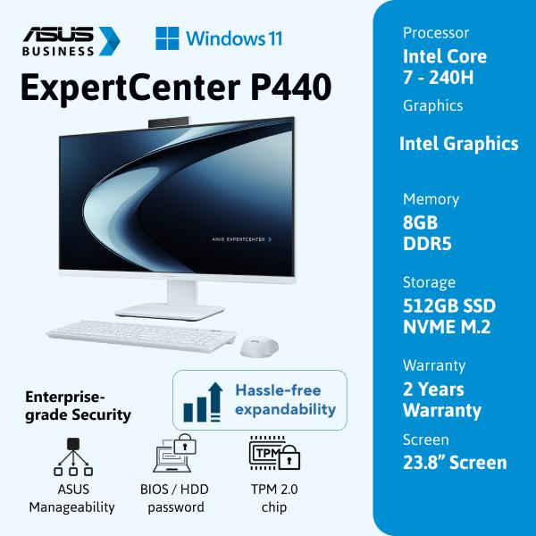 ASUS ExpertCenter P44O [P440VAK-W7852WS] 23.8" FHD/intel 7-240H/DDR5 8G/512G PCIe SSD G4/Win 11 Home + OHS'24 + M365/2YOSS (1Y ADP)/White (TPM/WiFi6/Wireless KB&MS/HDMI-in/Mcfee)
