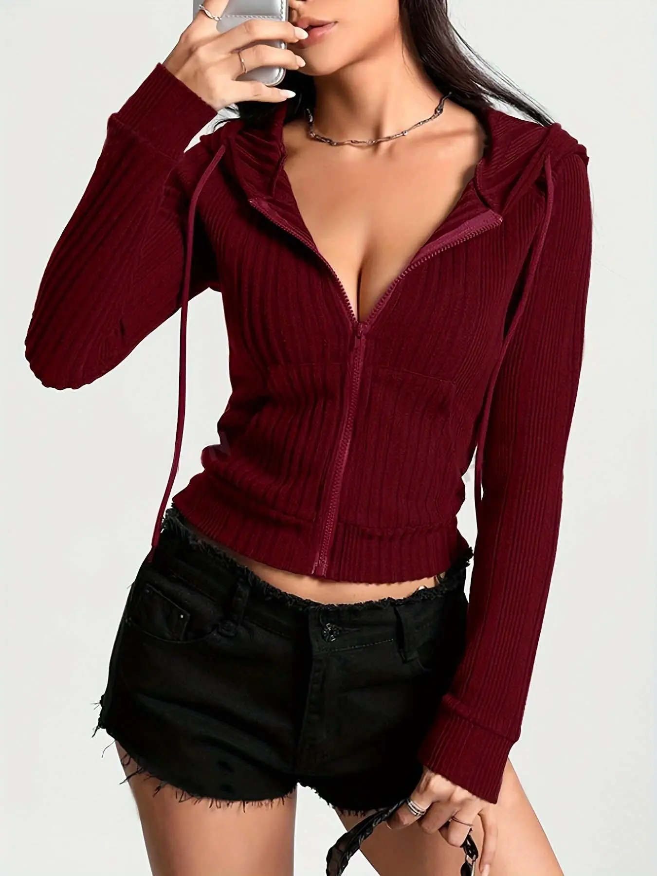 Women's Plain Drawstring Zip Up Cropped Hooded Cardigan, Casual Raglan Sleeve Pocket Knitwear for Fall & Winter, Fashion Ladies' Knit Clothing for Daily Wear