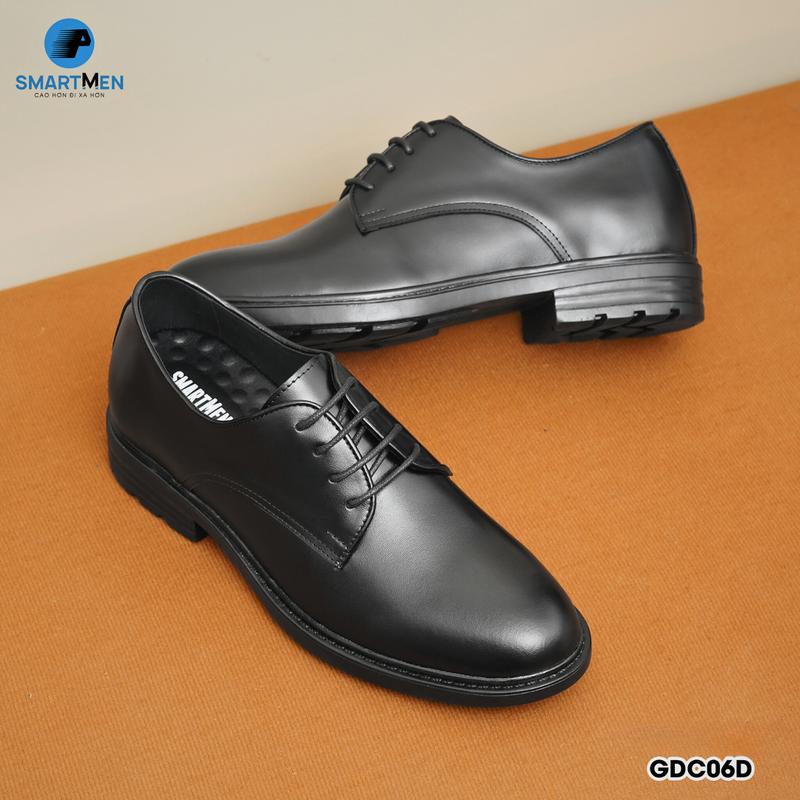 Giày derby nam buộc dây da thật GDC-06-D màu đen ,thương hiệu Smartmen da bò cao cấp đế cao su siêu êm tăng chiều cao bí mật 6cm