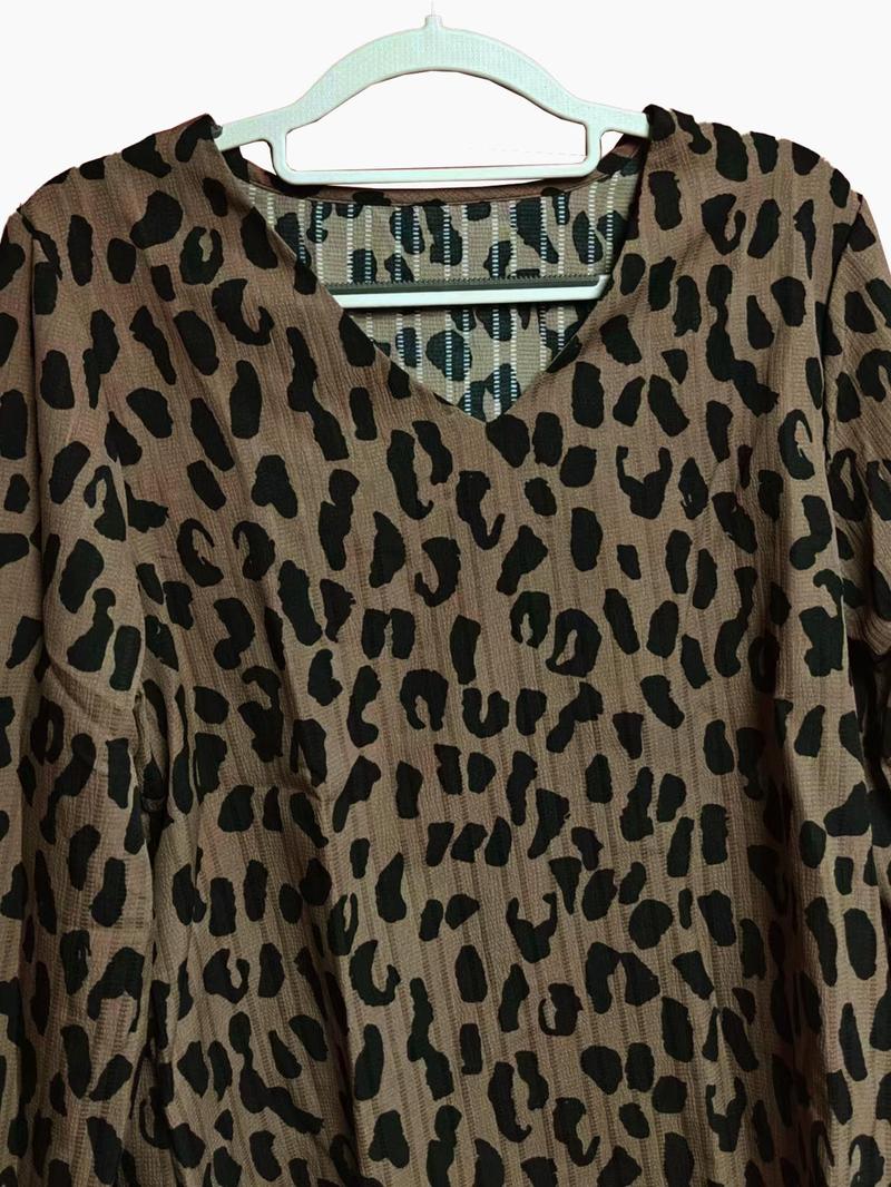 Product Introduction of Women's Leopard Print Bishop Sleeve Blouse, Elegant V Neck Long Sleeve Top for Spring & Fall, Ladies Clothes for Daily Wear 9