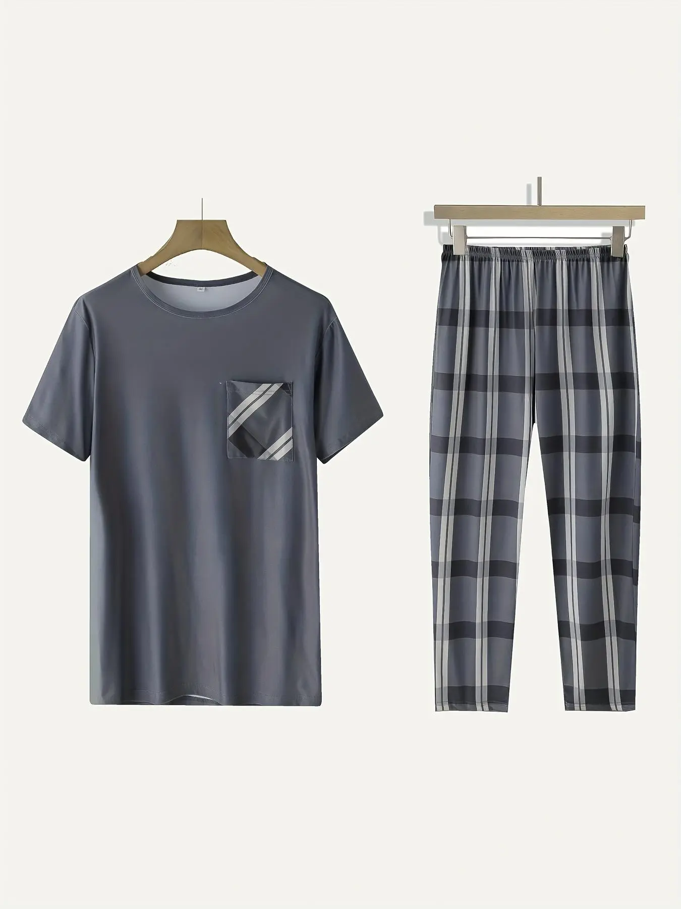 Men's Plaid Print  Loungewear Set, Casual Regular Fit Pocket Short Sleeve Tee &  Elastic Waist Pants  Set, Men's Sleepwear for All Seasons