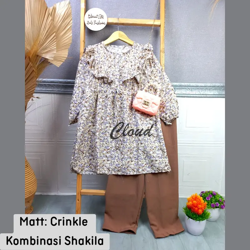 Setelan Anak perempuan motif bunga bahan crinkle airflo kombinasi Shakila usia 7-12 Tahun Oneset Kiyowo 2