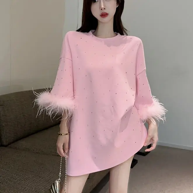 Áo Thun Che Bụng Ngắn Tay, Hàng Mới Về Mùa Thu, Phong Cách Hợp Xu hướng Hàn Quốc, Dành Cho Nữ, Khoan Nóng, Thiết Kế Lông Vũ, Dáng Rộng Vừa Vặn, Bó Sát, Áo, Thích Hợp Cho Ngành Công Nghiệp Nặng, Giá Cả Phải Chăng