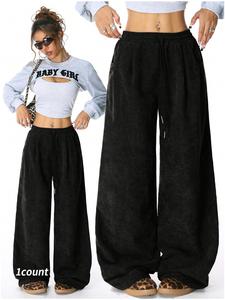 Women's Plain Drawstring Waist Wide Leg Pants, Street Fashion Pocket Trousers for Daily Wear, Ladies Bottoms for All Seasons