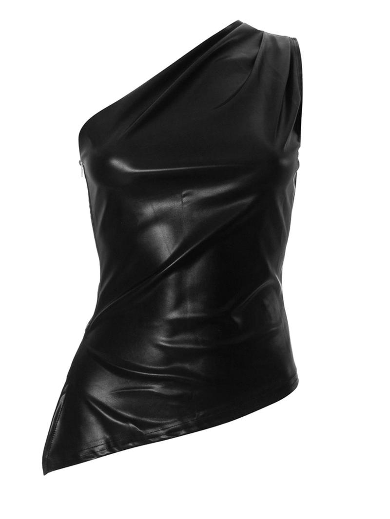 Product Introduction of Women's Solid Asymmetrical Neck Tank Top, Fashion Casual PU Leather One Shoulder Top for Daily Outdoor Wear, Ladies Clothes for All Seasons 14