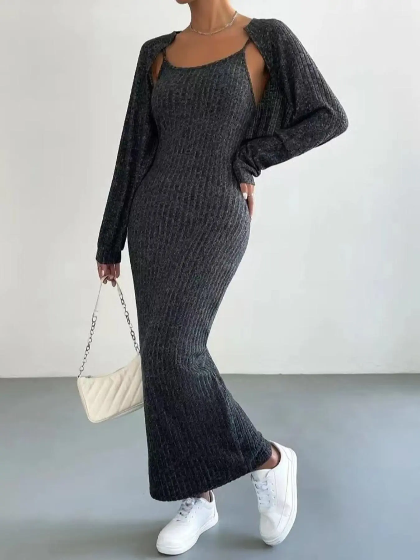 Two-Piece Set Women's Solid Longsleeves Crop Top & Ribbed Cami Dress Suits Set, Chav Sets, Fashion Casual Basic Outfits for Lady, Comfort Women Clothing for Spring Fall, Minimalist Chic Womenswear