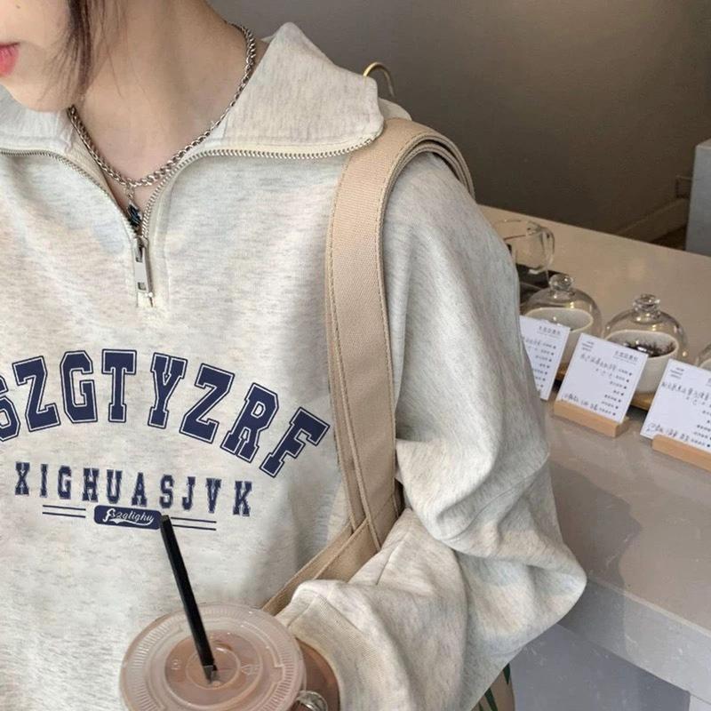 Áo Hoodie Cổ Polo Tay Dài Khóa Kéo Chất Nỉ 2 DA Ko Xù Lông Dày Dặn In Chữ BRZ Phong Cách vintage Cho Nữ