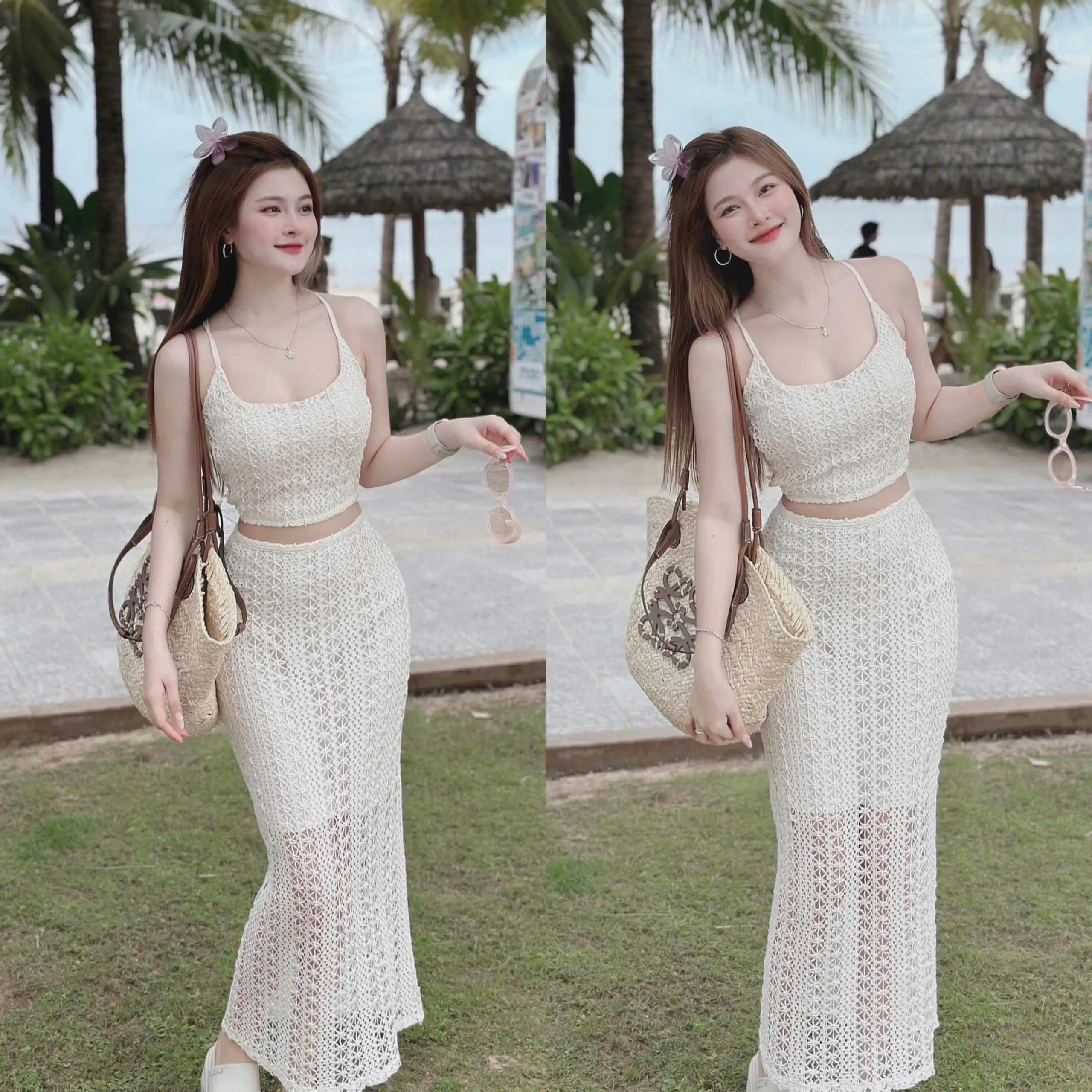 Set đồ nữ áo ngắn 2 dây kèm váy dài đuôi cá chất len ren mềm mại phù hợp cho nàng đi chơi đi biển