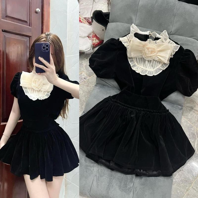 Set váy nhung tiểu thư gồm áo croptop tay bồng cổ bèo phối nơ hoa + chân váy xoè có quần trong SHOP NGHI 85