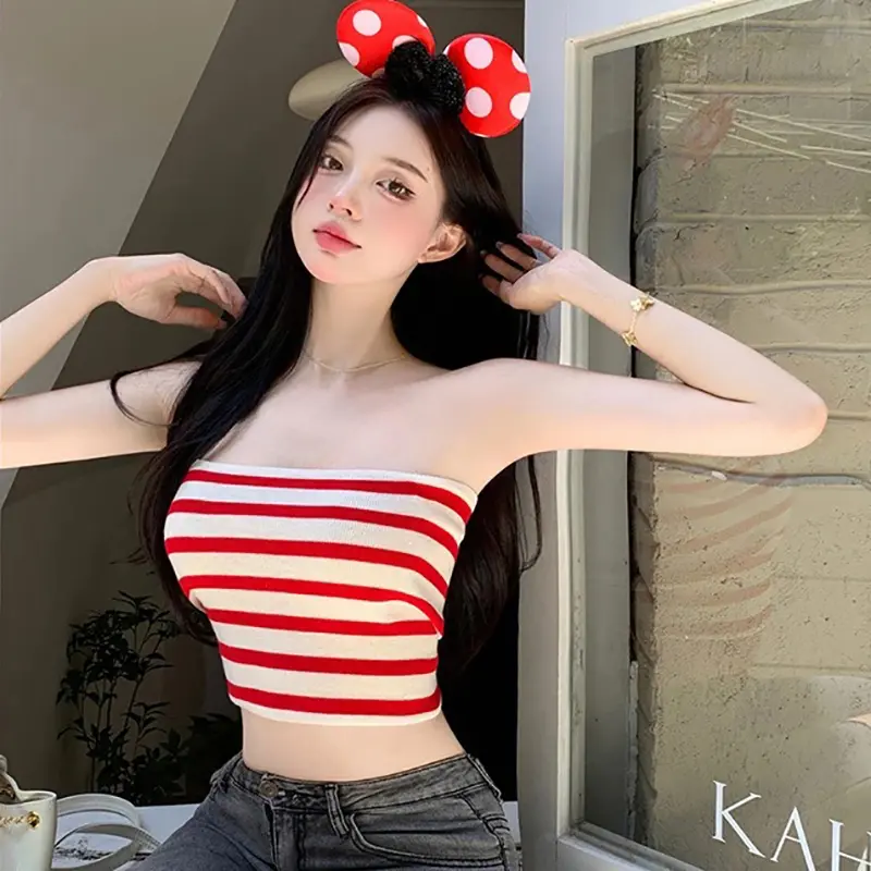 Áo Yếm Dệt Kim, Thiết Kế Sọc Mùa Hè, Dành Cho Nữ, Gợi Cảm Và Không Tay, Không Dây, Mỏng Vừa Vặn, Áo Crop Top