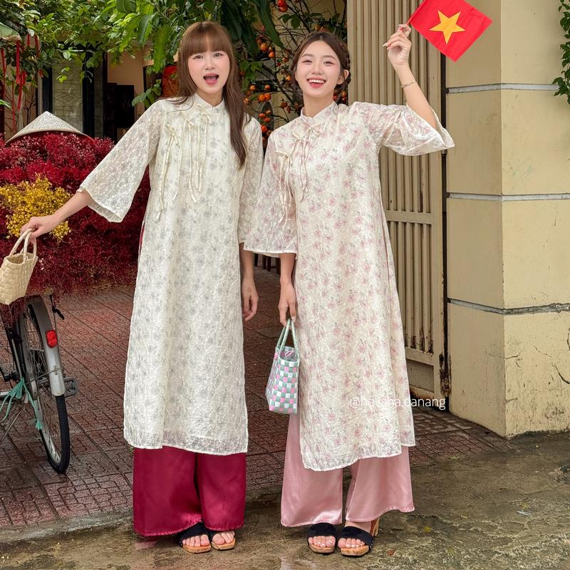 HAVANA CÓ BIGSIZE - Áo dài thô Boil TƯỜNG VÂN in hoạ tiết hoa nhỏ pastel phối dây buộc nơ cách điệu kèm quần satin phong cách vintage HAVANA AD142