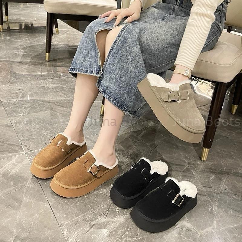Dép lông nữ bít mũi phối lông cừu mùa đông - Giày sục giữ ấm phong cách retro mới nhất