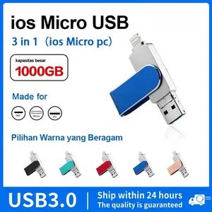 Flashdisk  USB3.0 3 in 1 ios memori flashdis berkecepatan tinggi, flashdive metal OTG 256gb 512gb 1tb 2tb untuk iP/Android/PC(COD) Penyimpanan Komputer Storage