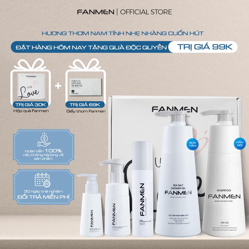 [ Combo Toàn Diện ] Combo Dầu gội sạch gầu mượt tóc 350ml, Sữa tắm muối biển chết 350ml , Bọt vệ sinh khử mùi diệt khuẩn 100ml, Sữa rửa mặt muối biển chết 100ml và Toner AHA BHA 150ml dưỡng ẩm cho nam Fanmen | Tặng Hộp Đựng WLt Kèm Quà 0Đ