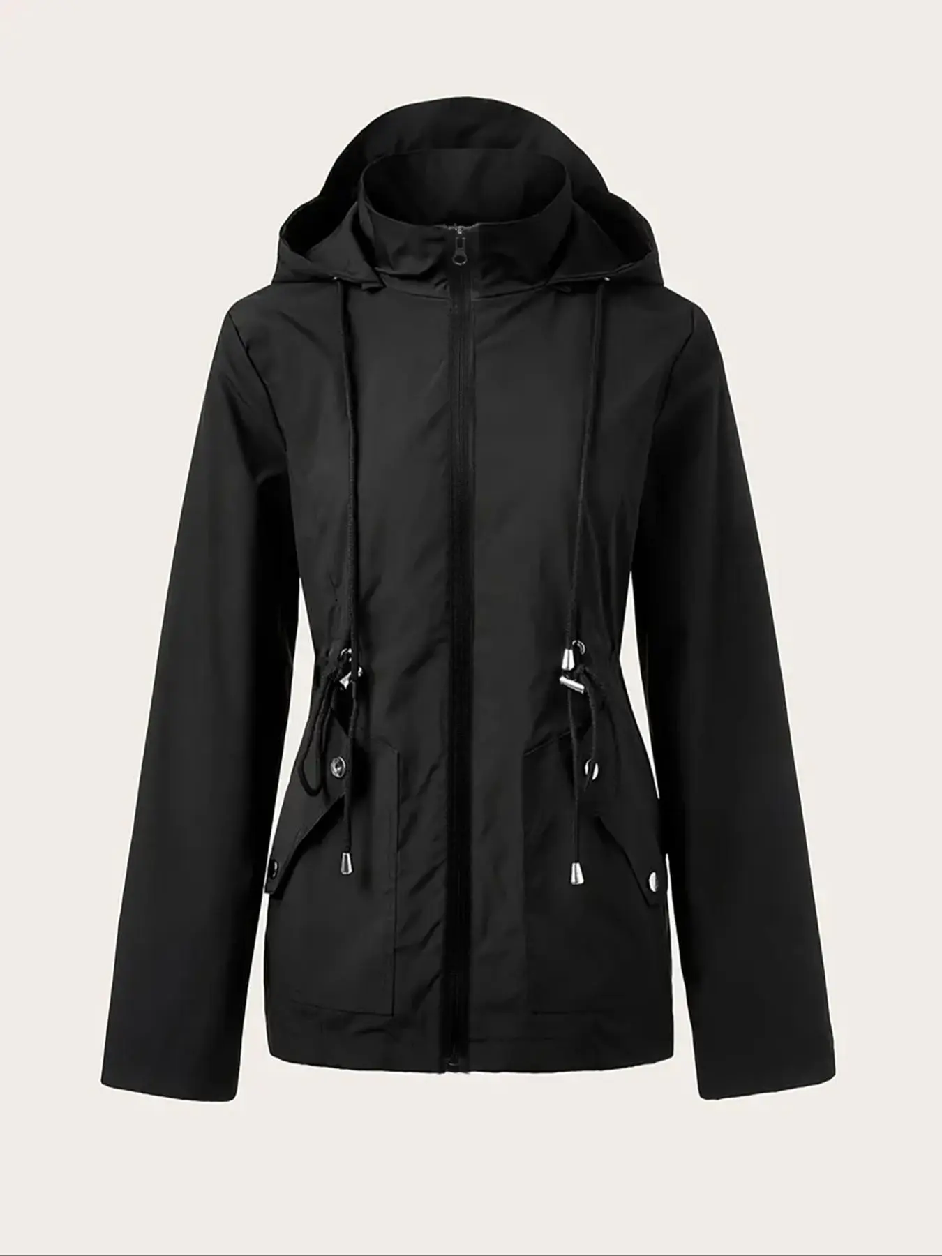 Women's Solid Drawstring Pocket Zip Up Hooded Jacket, Casual Long Sleeve Waterproof Windbreaker Jacket, Ladies Outerwear for Outdoor Hiking Climbing Camping Cycling Running