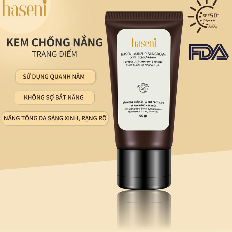 Kem Chống Nắng Nâng Tone Trang Điểm Haseni SPF 50/ PA++++ Chống UVA UVB, Nâng Tone, Dưỡng Ẩm.KCN MAKE UP  Sunscreen Skincare Sun Cream kcn 50g Nữ