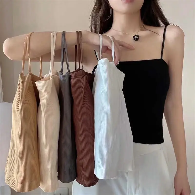 Áo Vest Hai Dây Mỏng, Dễ Phối Đồ Cho Nữ, Có Đệm Ngực, Thích Hợp Mặc Trong Và Mặc Ngoài, Áo Ống Ôm Sát, Có Đế Xếp Ly, Phong Cách Cô Gái Nóng Bỏng Ngọt Ngào Đồ Lót, Với Thắt Lưng Của Phụ Nữ Top Women