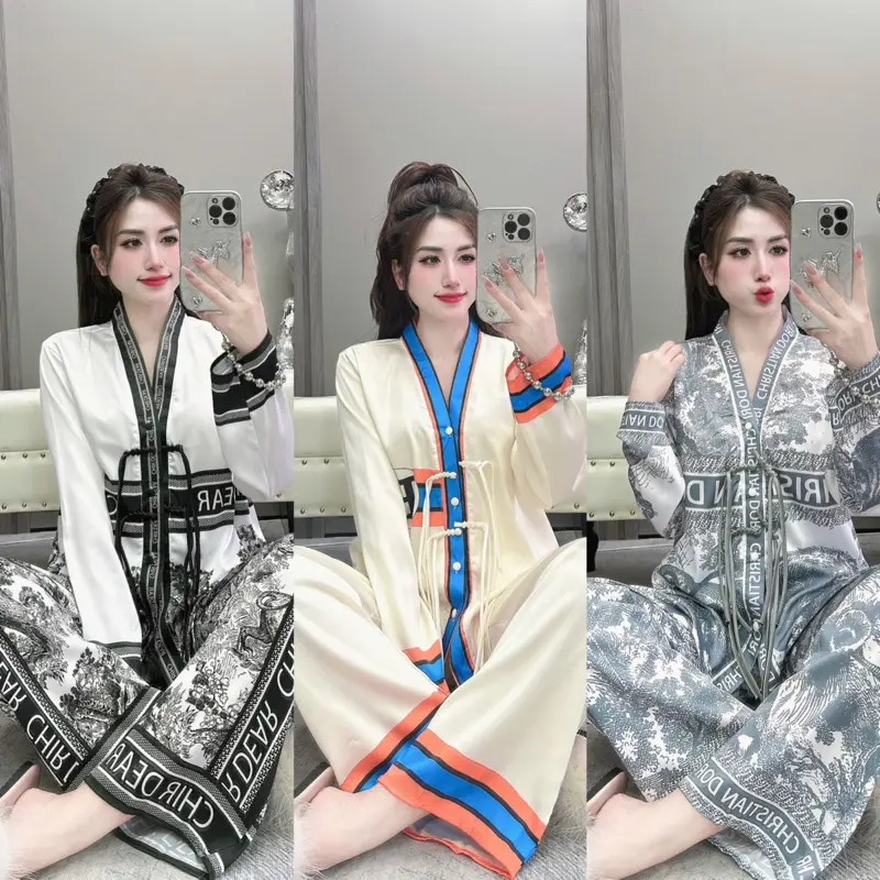 NÚT THẮT-(40-58kg) Bộ Ngủ Nữ Lụa Latin Pyjama Nút Thắt Cổ Y Thiết Kế Tay Dài