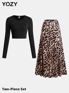 YOZY Crop Top & Leopard Print Skirt Set/ Casual Round Neck Long Sleeve Top & High Waist Skirt, 2024 Women's Daily Wear for Spring & Fall