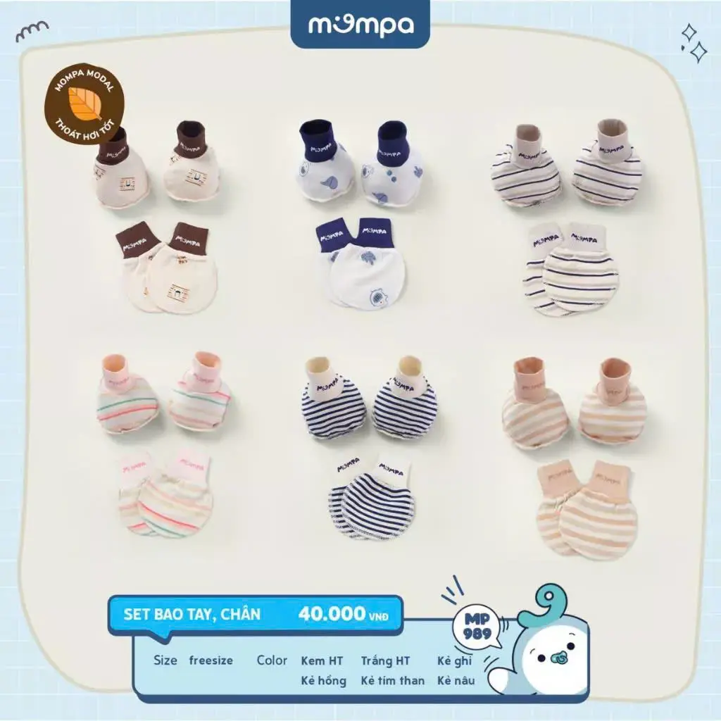 Bao tay chân cho bé sơ sinh Mompa vải Modal thấm hút mềm mịn thoáng khí 989