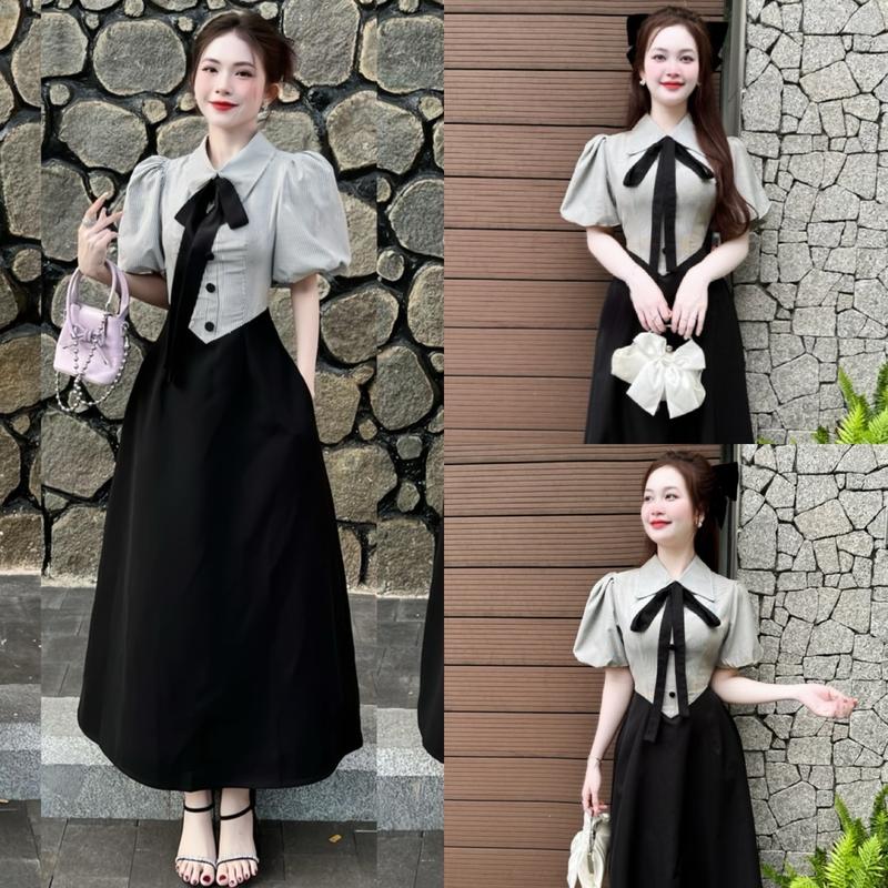 [FREESHIP] A4 - Váy sơ mi kẻ đen tay bí bồng dáng dài thiết kế, nút bọc cột nơ xinh xắn, có túi ẩn hai bên dày dặn mềm mịn đủ size S-M-L-XL Mijustore Dress Women Màu Đen