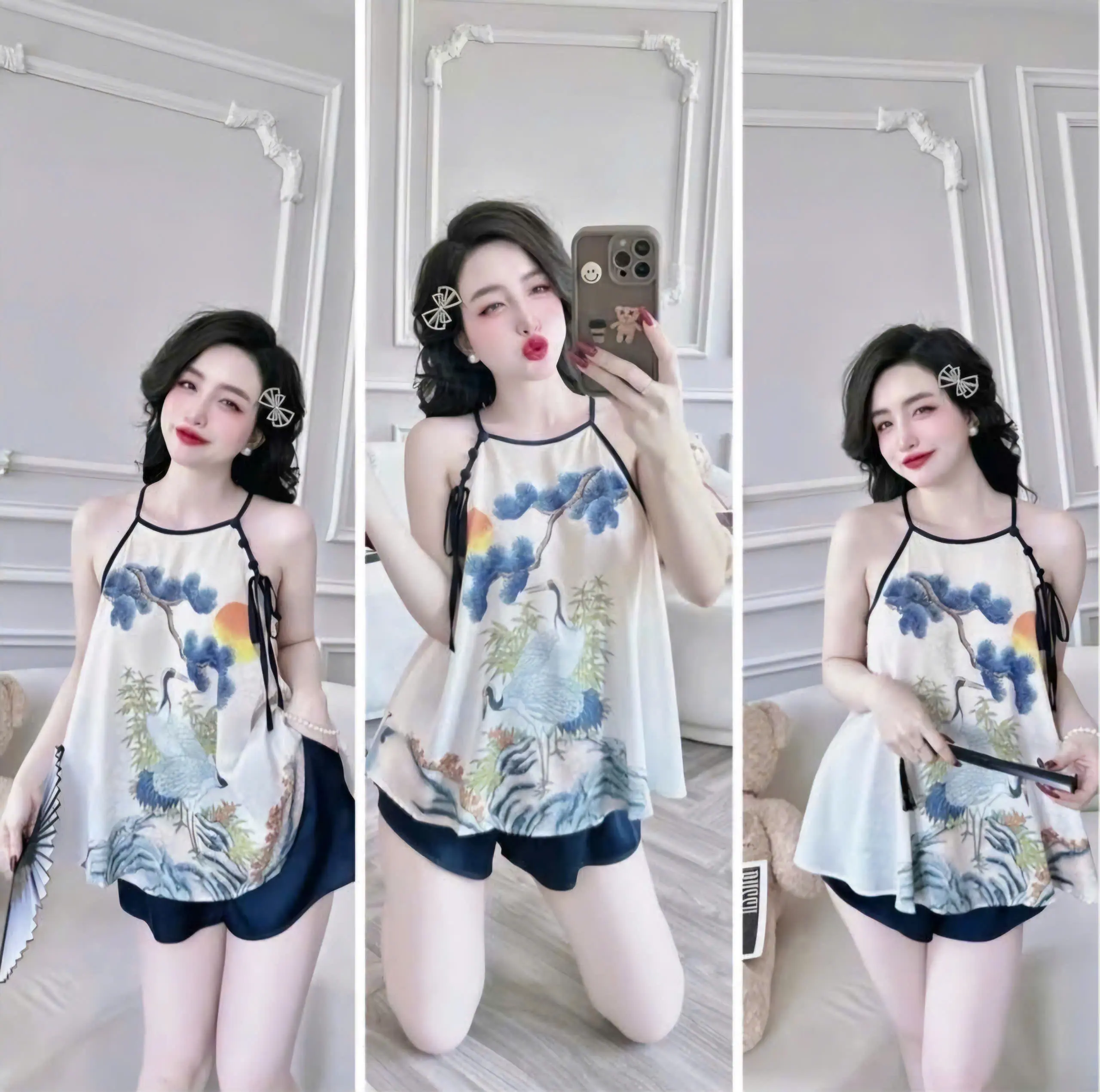 Yếm lụa phi 3D nhiều họa tiết dành cho nữ mặc nhà siêu xinh dễ thương Nữ Women Quần Ngủ Áo Nhung Top